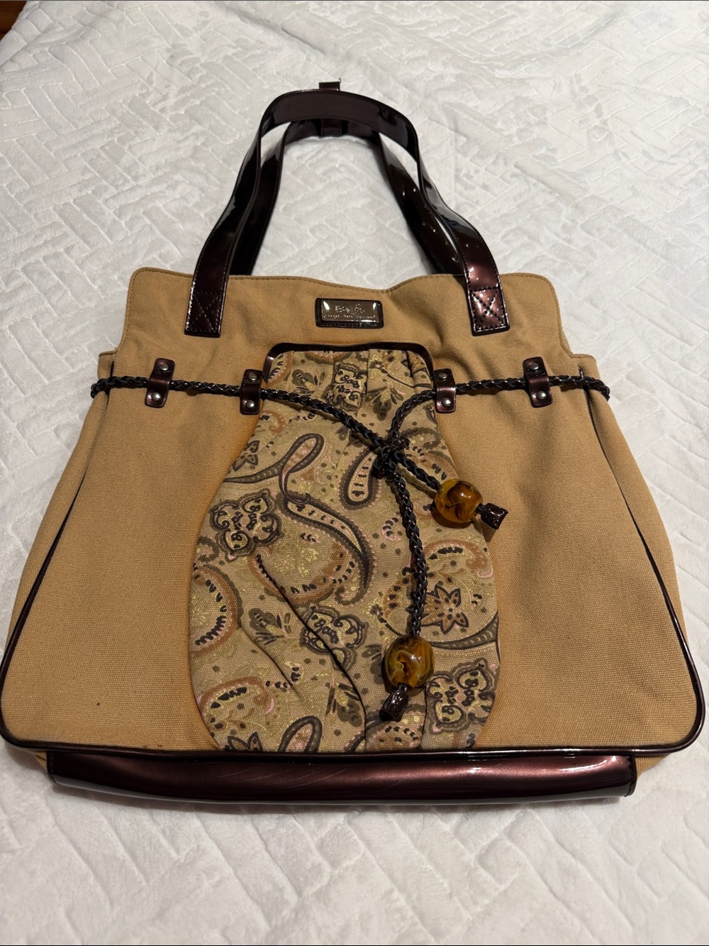 Women’s Tan Paisley Tote Bag with Brown Trim BEIJO
